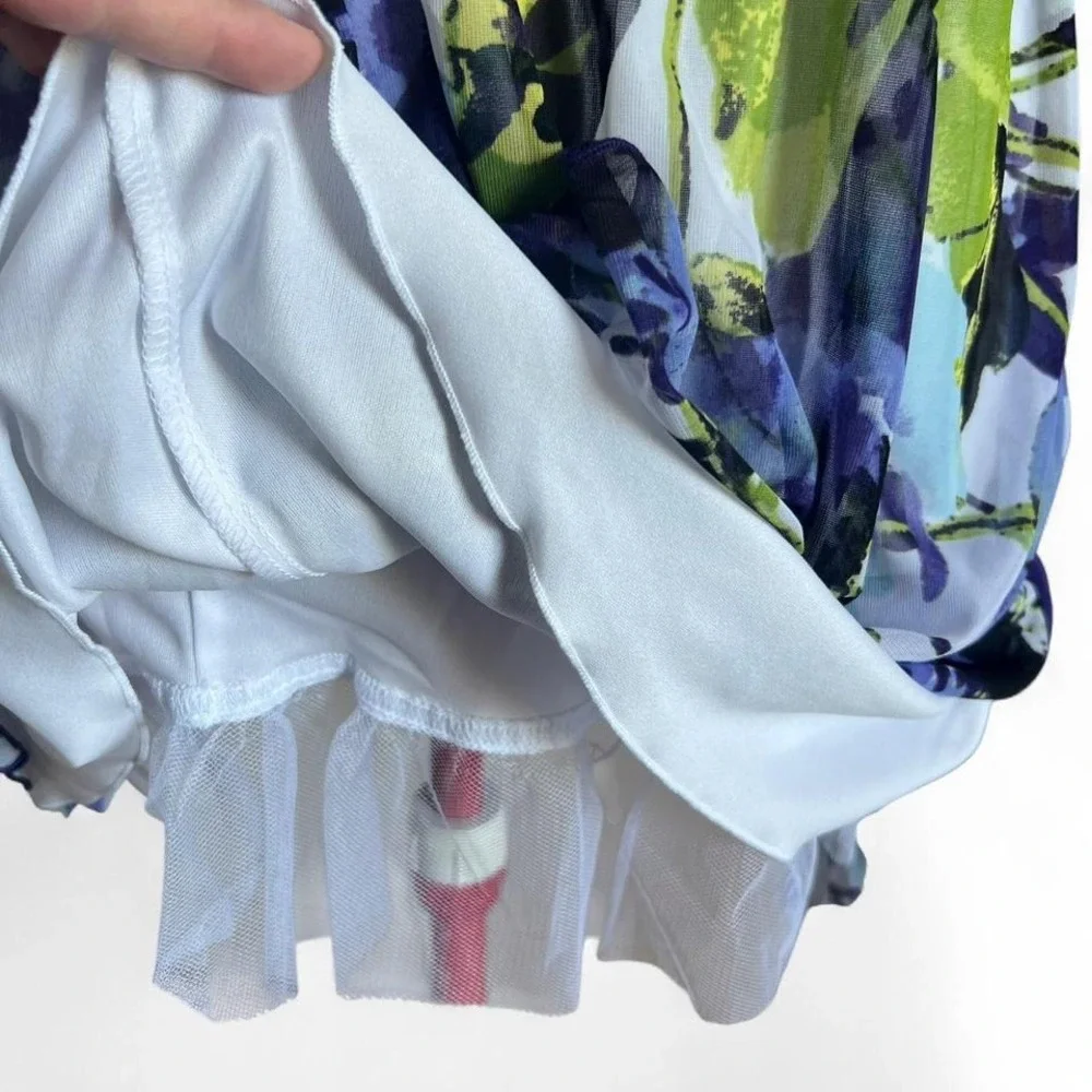 IZ Byer Y2K Purple Blue & Green Watercolor Floral Milkmaid Tie Back Dress Medium